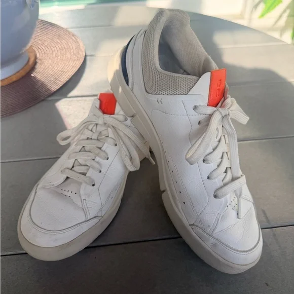 On Running White and Orange Sneakers - Picture 1 of 5